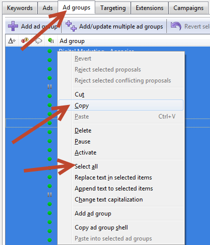 select all ad groups adwords editor
