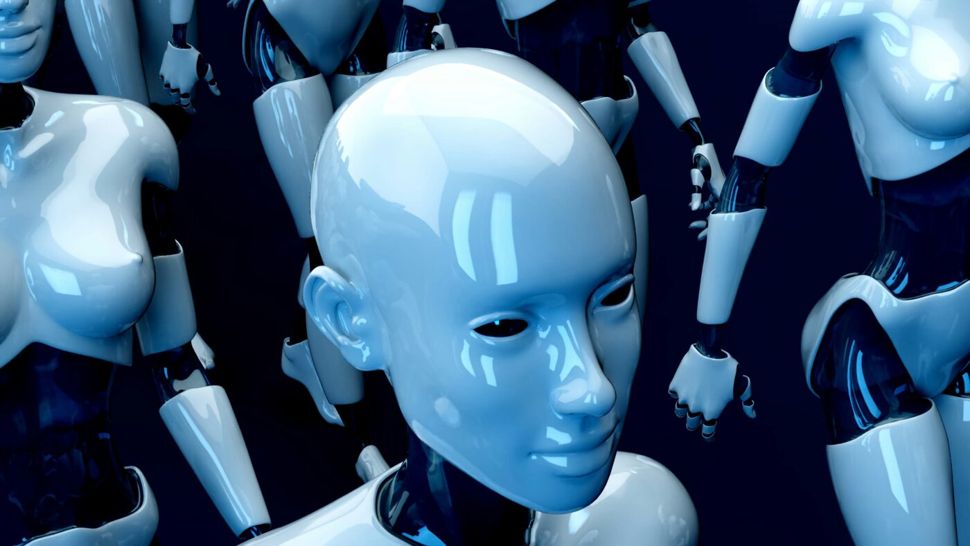 close up of a line of human looking robots depicting Google AI and Search Generative Experience