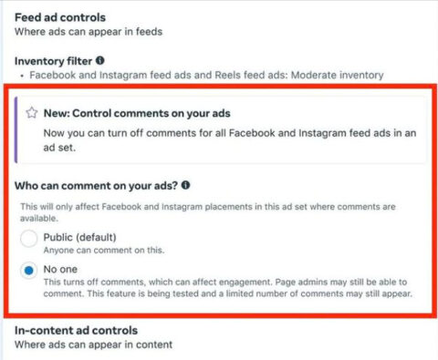 How to turn off commenting on Meta ads - a visual of the interface.